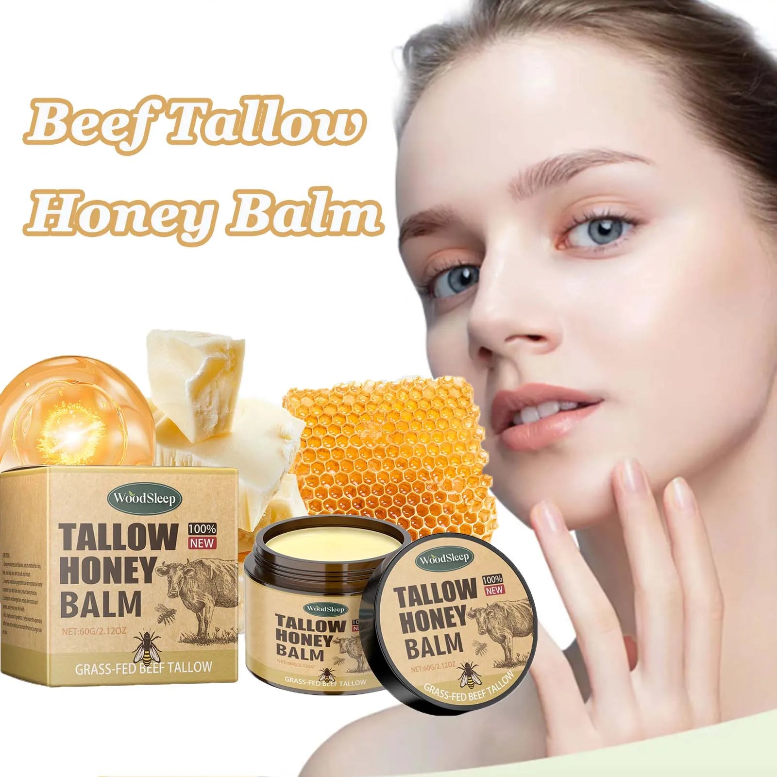 Beef Tallow Honey Balm Moisturizing Hydrating Face Cream Body Lotion Fades Fine Lines Tighten Soothen Brightening Facial Skin Oasis Select