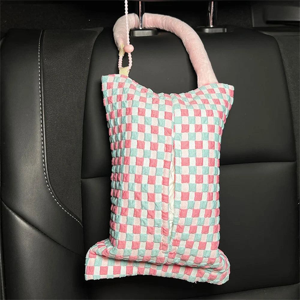 Pink Plaid Fabric Tissue Box Portable Hanging Tissue Case Living Room Container Home Car Towel Napkin Holder Home Decoration Oasis Select Pink 1