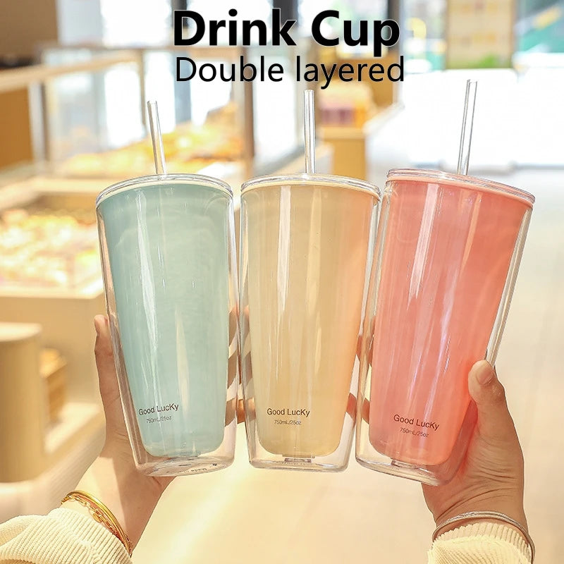 750ml Plastic Straw Cups Double-Layer with Straw Large Capacity Reusable Water Bottle for Drinking Coffee Mug Juice Milk Cup Oasis Select