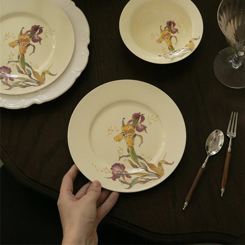 Ceramic Dinner Plate Set French Iris Dessert Bowl Dishes Soup Plate Breakfast Flat Plate Home Kitchen Gourmet Container Oasis Select