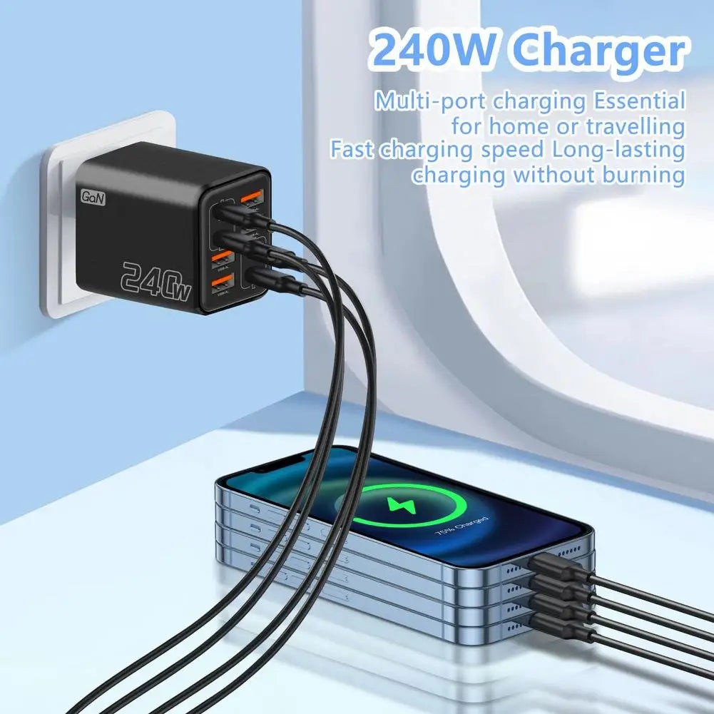 240W 8-Port GaN USB-C PD Wall Charger – Travel Adapter US EU UK