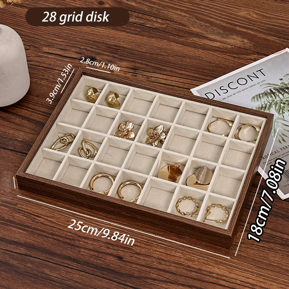 1pc Walnut Wood Grain Jewelry Box, Storage Tray for Rings, Necklaces, Earrings, Store Counter Display Tray Oasis Select 28 grids