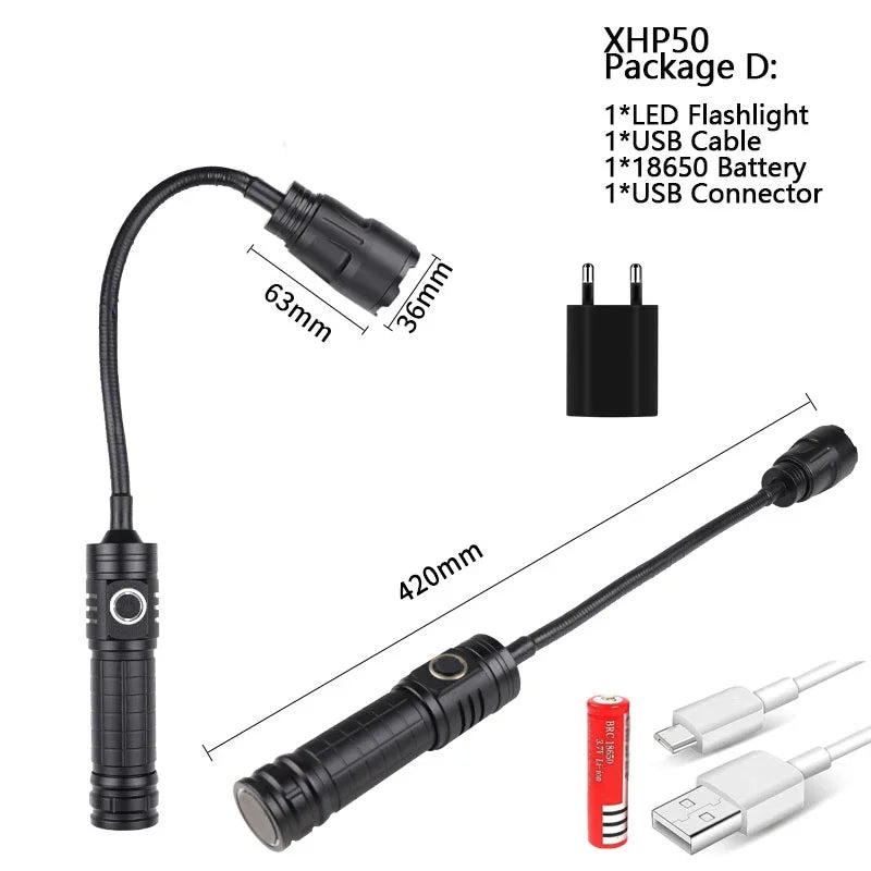 USB Rechargeable XHP50 LED Flashlight Flexible Pickup Tool Lamp with Magnet Zoomable Torch Multifunctional Foldable Flashlight Oasis Select Package D