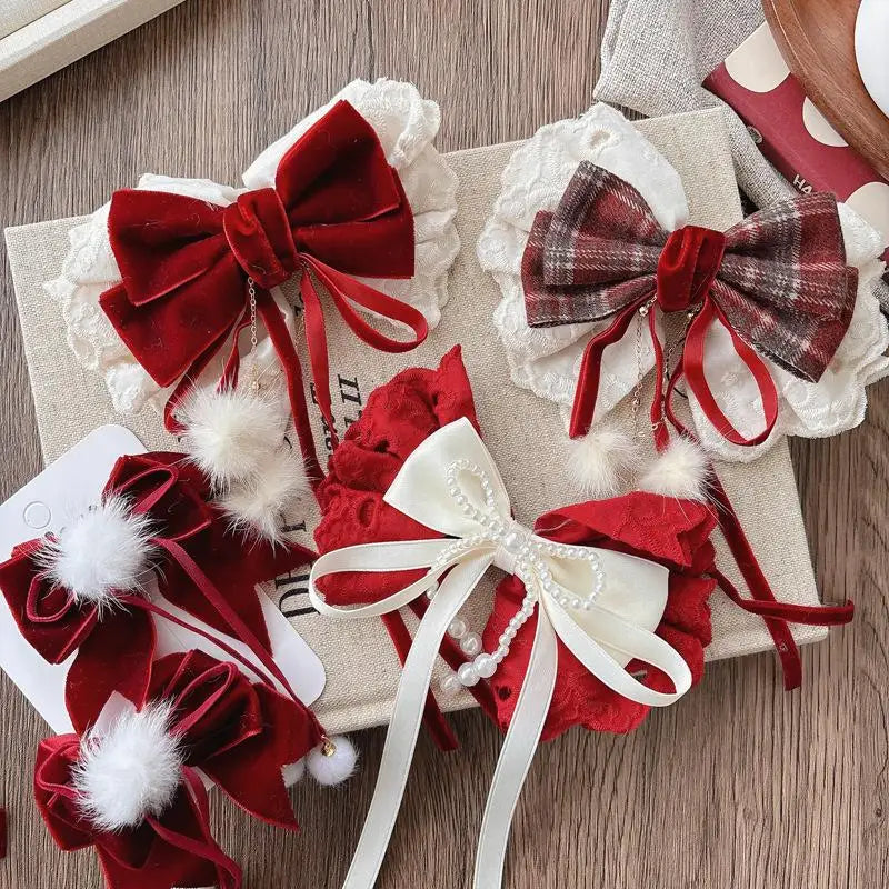 Girls Red Velvet Lace Bow Hair Clip | Korean Princess Hairpin