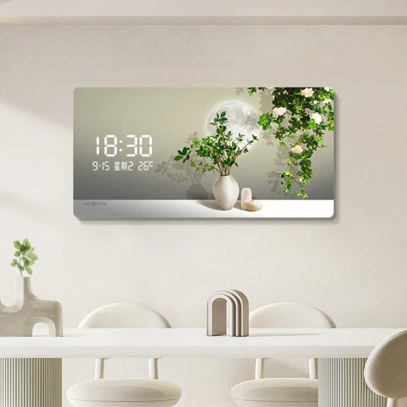 Simple Green Plant Digital Electronic Clock Living Room Decoration Painting Plug-in Digital Display Screen Light Wall Clock Oasis Select