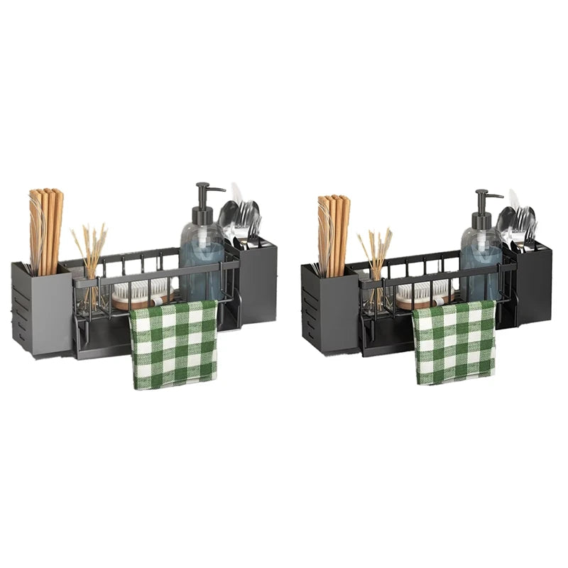 WISH Kitchen Sink Organizer Rack - Plastic Self-Draining Shelf For Soap, Sponge, Dishcloth, Towel, With Filter Basket Oasis Select