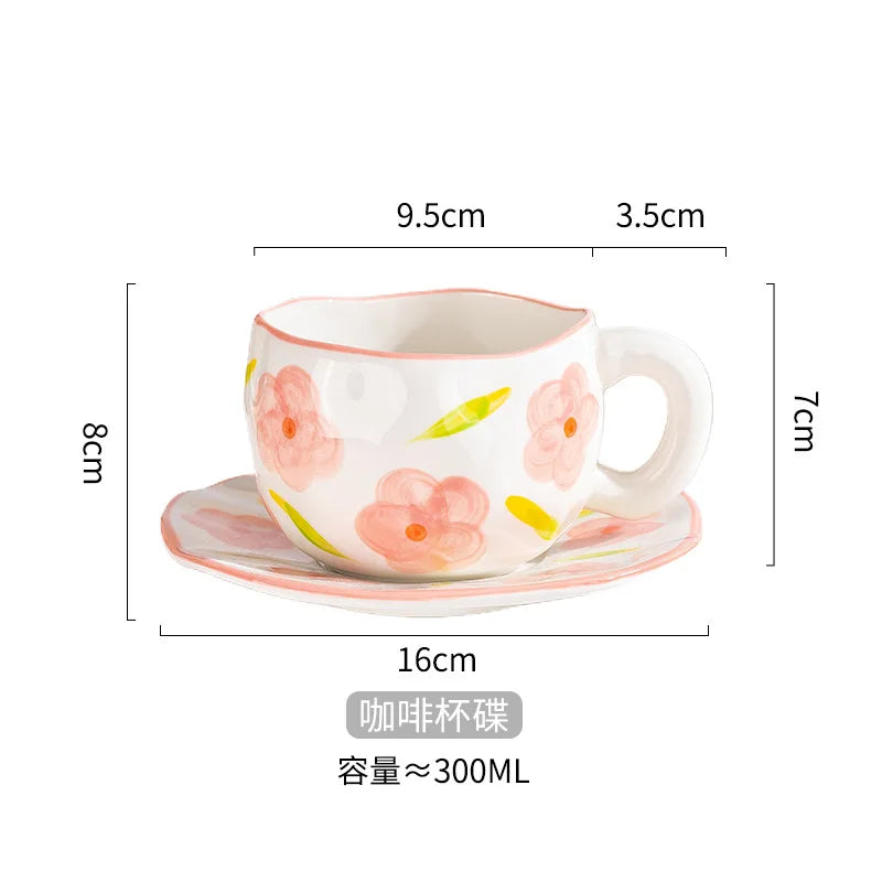 Ceramic Mugs & Saucers Set Coffee Cups Hand Pinched Irregular Flower Milk Tea Cup Ins Style Oatmeal Breakfast Mug Drinkware Oasis Select WhitePink-Flow-set 301-400ml