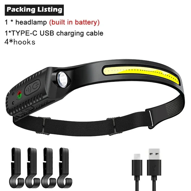 Powerful Induction COB LED Headlamp Built-in Battery USB Rechargeable Head Torch Outdoor Waterproof Camping Fishing Headlight Oasis Select Packing A with hooks