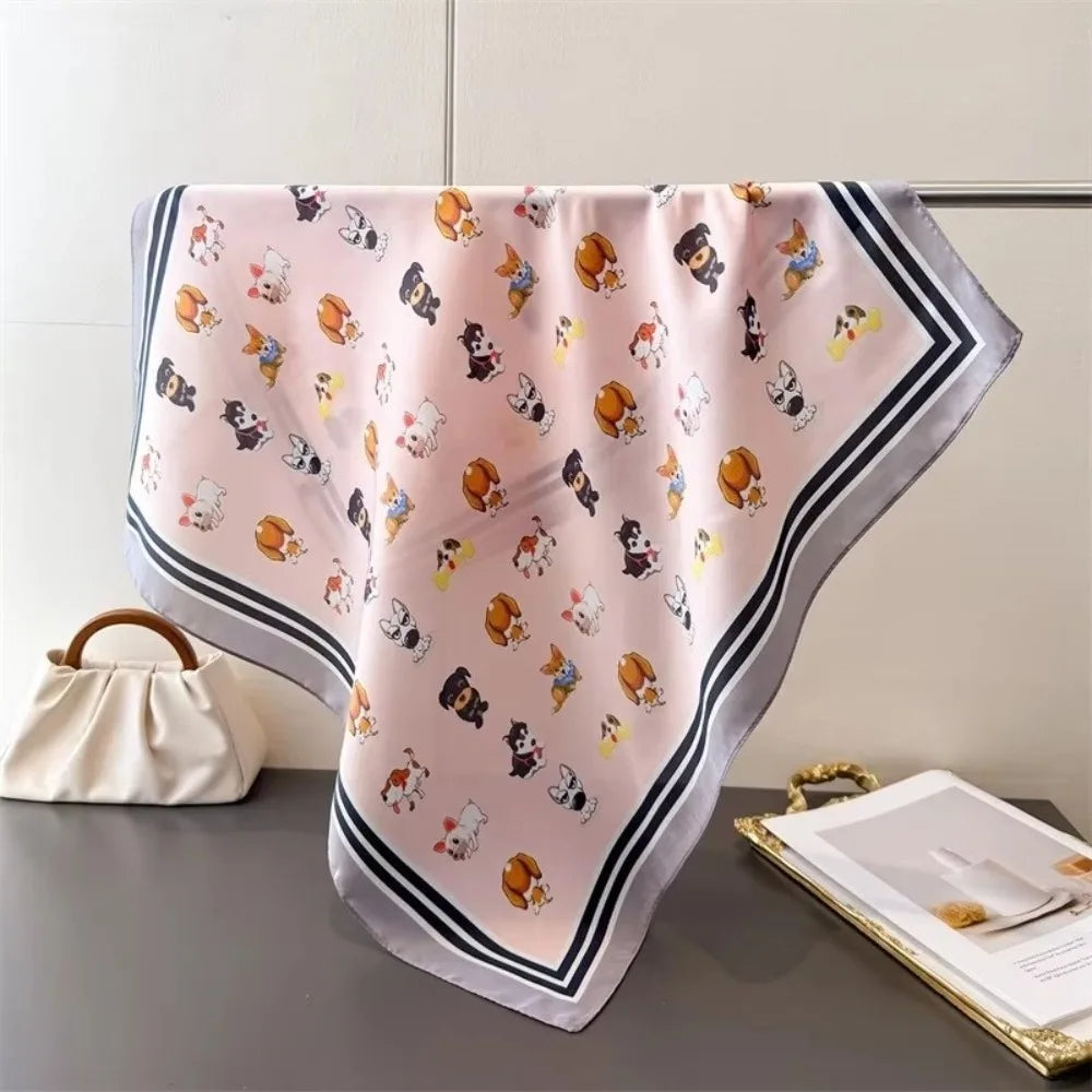 Cute 70x70cm Women Square Scarf Soft Silk Satin Cartoon Dog Print Shawl Hijab Fashion Accessory Oasis Select Pink