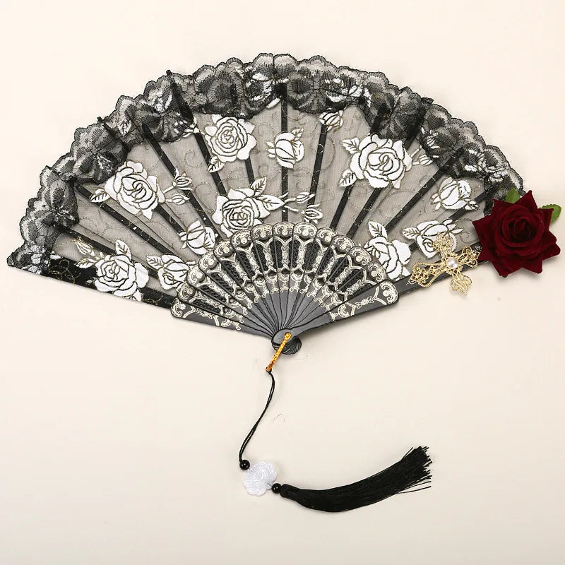 Dance Fan Ornament Ladies Lace Hand Fan Black White Cloth Folding Fans Spanish Hand for Wedding Party Favor Accessories Oasis Select C