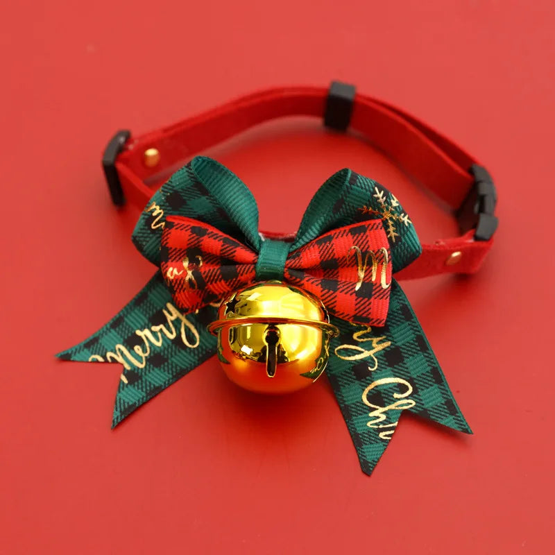 Christmas Pet Collar with Bell Bow Red Green Themed Adjustable Dog Cat Necklace Holiday Party Photo Prop Pet Fashion Oasis Select Green XL