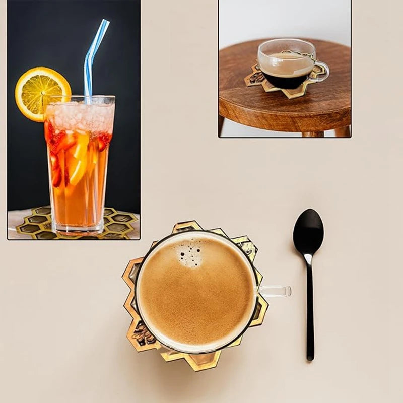 Coasters Set For Drinks With Holder, 4Pcs Honeycomb Shaped Drink Coasters, Mug Coaster For Cold/Hot Drinks Durable Oasis Select