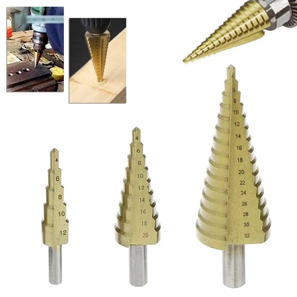 Steel Step Cone Coated Metal Drill Bit Hole Cutter 4-12/20/32mm Straight Groove Step Drill Bit Wood Metal Hole Cutter Core Drill Oasis Select