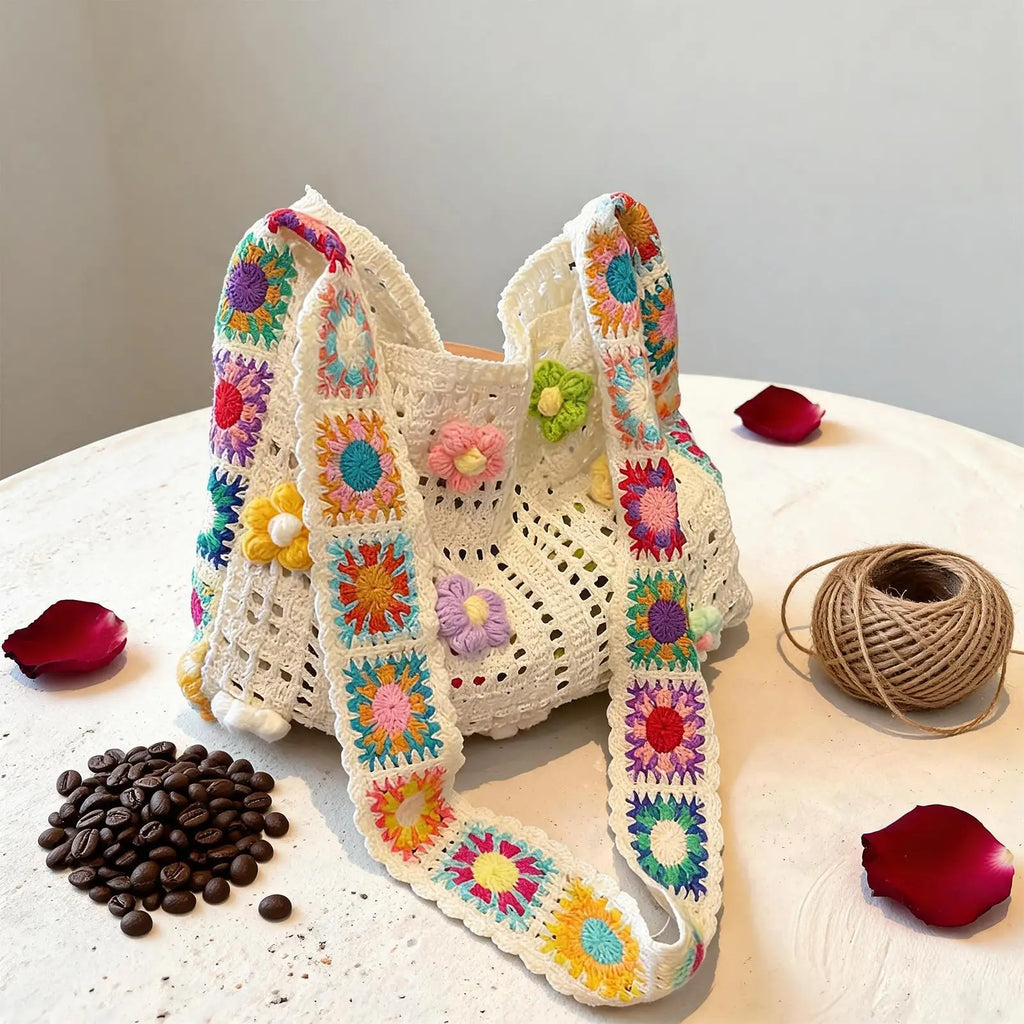 Boho Crochet Bag Flowers Knitted Handbags Large Capacity Summer Beach Woven Shoulder Bag Girls Tote Shopper Bags Handbags Lady Oasis Select