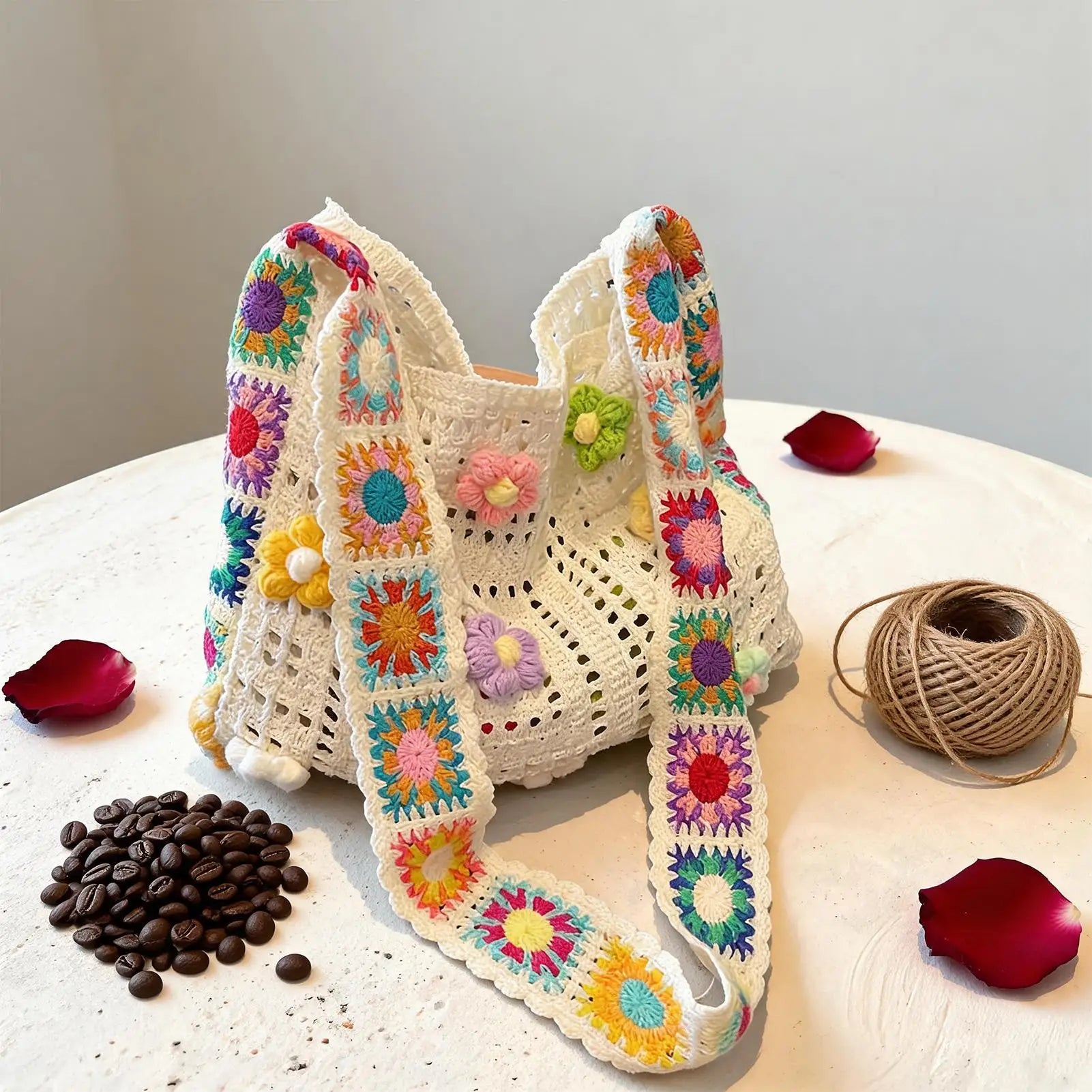 Boho Crochet Bag Flowers Knitted Handbags Large Capacity Summer Beach Woven Shoulder Bag Girls Tote Shopper Bags Handbags Lady Oasis Select