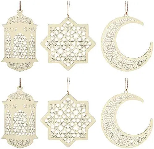 6 Pieces Wooden Hollow Pendant Ornaments For Eid Al-Fitr Ramadan Festival DIY Home Garden Decor Natural Craft Hanging Set Oasis Select
