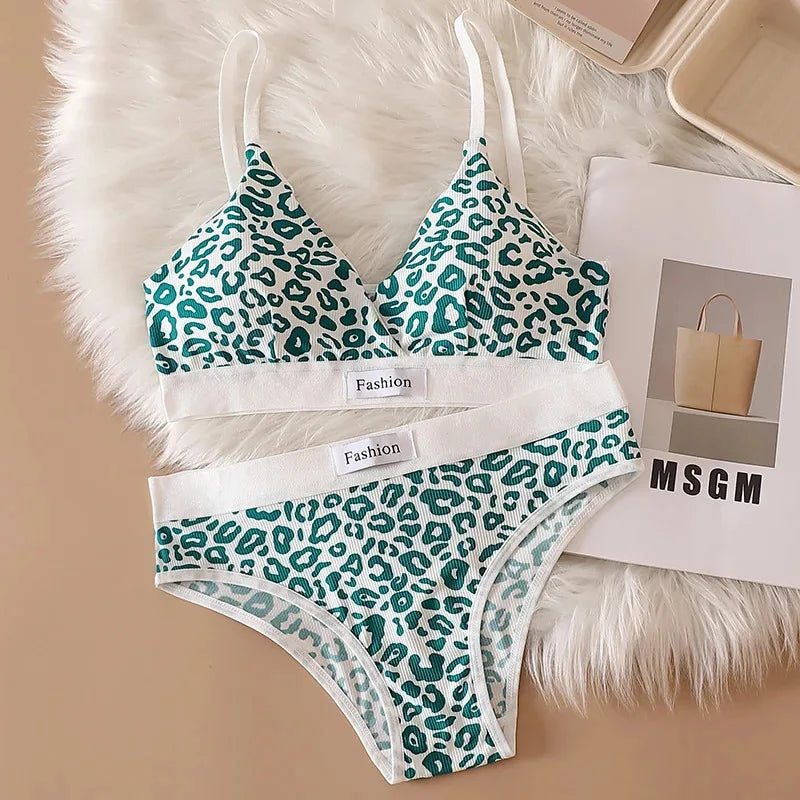 1-4pcs Summer Set New Women's Leopard Print Traceless and Steel Rim Bra Adjustable Shoulder Strap Back Women's Underwear Set Oasis Select