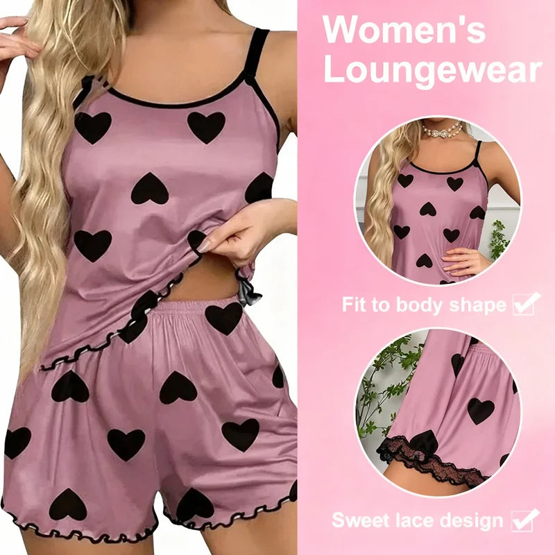 Women's Pajama Set Pajamas T-Shirts Shorts Pink Heart-Shaped Print Round Neck T-Shirt Ice Silk Top Comfortable Casual Four Seas Oasis Select