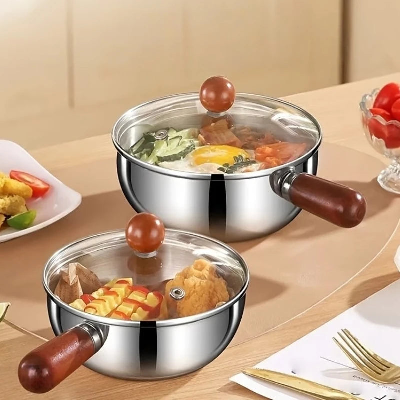 1pc Korean Ramen Pot with Lid, Stainless Steel Wooden Handle Noodle Cooker, 1-2 Person Instant Noodles Pot Induction Compatible Oasis Select