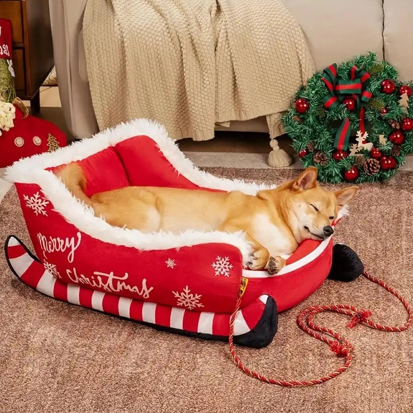 Cat Bed Christmas Dog Bed Warm Mat with Non-slip Base Washable Dog Bed Sled Cat Hammock Dog Sofa Bed Nest for Small Cats Dogs Oasis Select