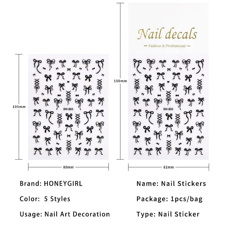 SUSU 1PC Bow Nail Art Stickers 3D Cute Red Pink Black Bowknot Nail Charms Foils Gold Laser Effect Bow Manicure Decor Oasis Select