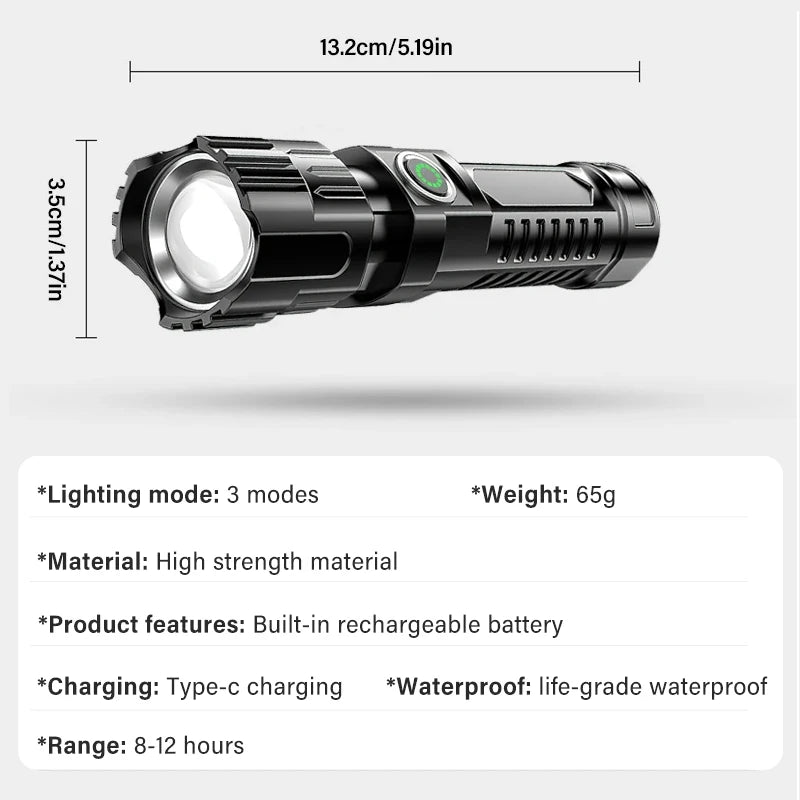 Portable Strong Light LED Flashlight Rechargeable Telescopic Zoom Torch Safety Emergency Light for Outdoor Camping Cycling Lamp Oasis Select