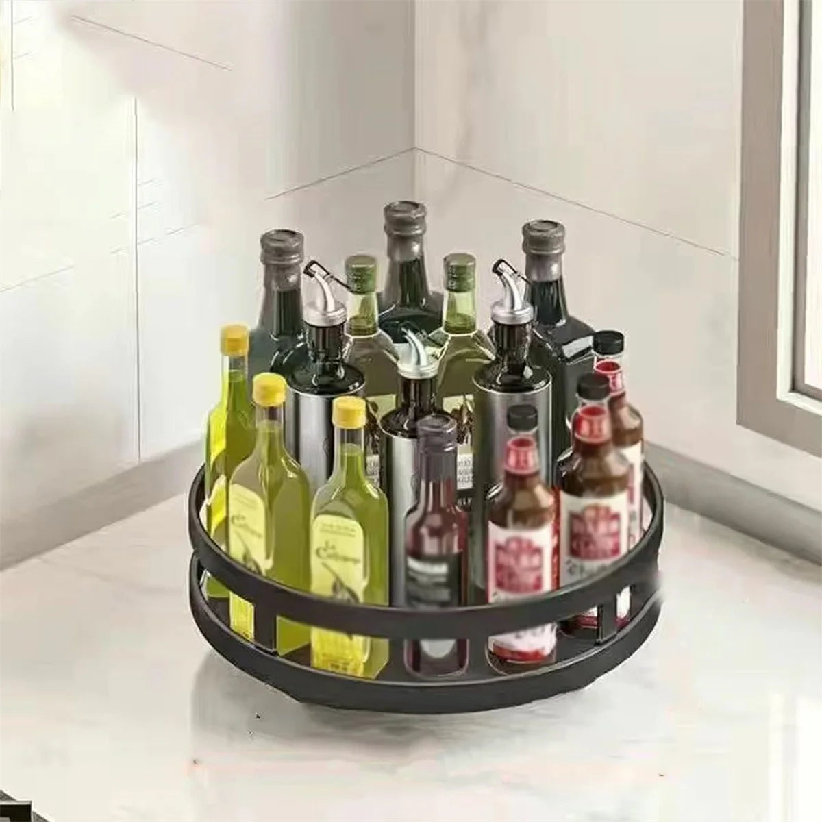 360° Rotation Carbon Steel Spice Rack Organizer Non-Skid Kitchen Storage Tray for Seasonings And Cans - Efficient Spice Oasis Select 1 layer
