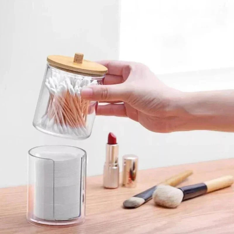 Acrylic Storage Box Bathroom Jar Makeup Organizer Cotton Round Pad Holder Cotton Swab Box Qtip Holder Dispenser with Bamboo Lid Oasis Select