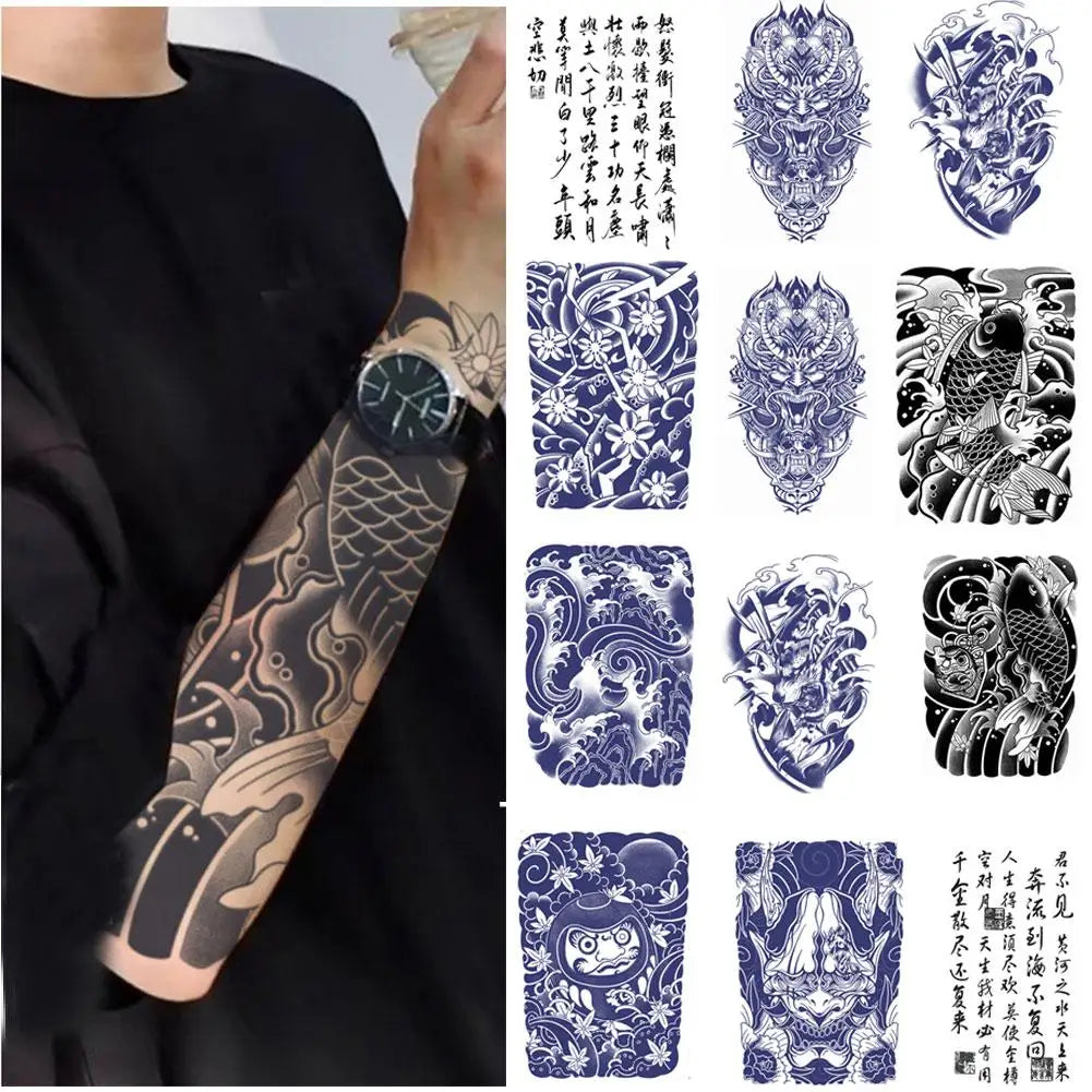 Waterproof Temporary Tattoo Sticker Semi-permanent Non-reflective Old Traditional Blossom Arm Koi Fish Fake Tattoos Oasis Select