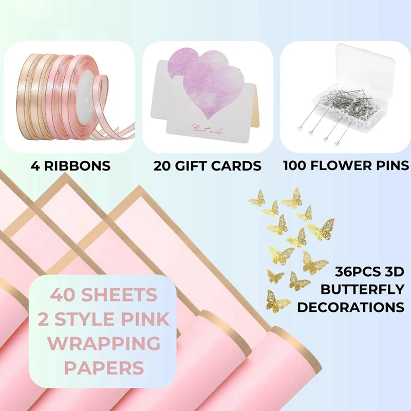 40 Sheets Flower Wrapping Paper With 4 Rolls Flower Ribbons, 20 Cards, 36 Pcs 3D Gold Butterflies Oasis Select