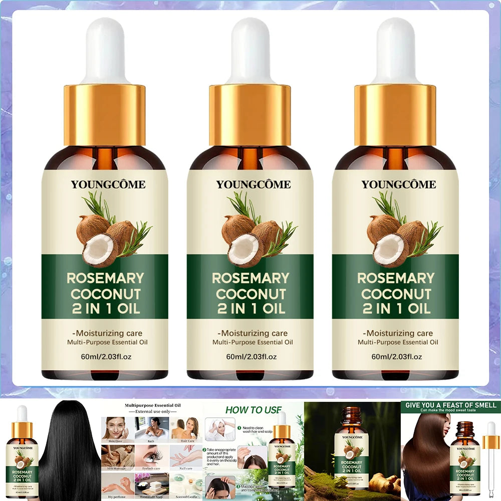 Rosemary Oil Hair Essential Coconut Oil Improve Hair Loss And Nourishes Strengthen Hair Roots Scalp Treatment Hair Care Oasis Select 60ml-3pcs