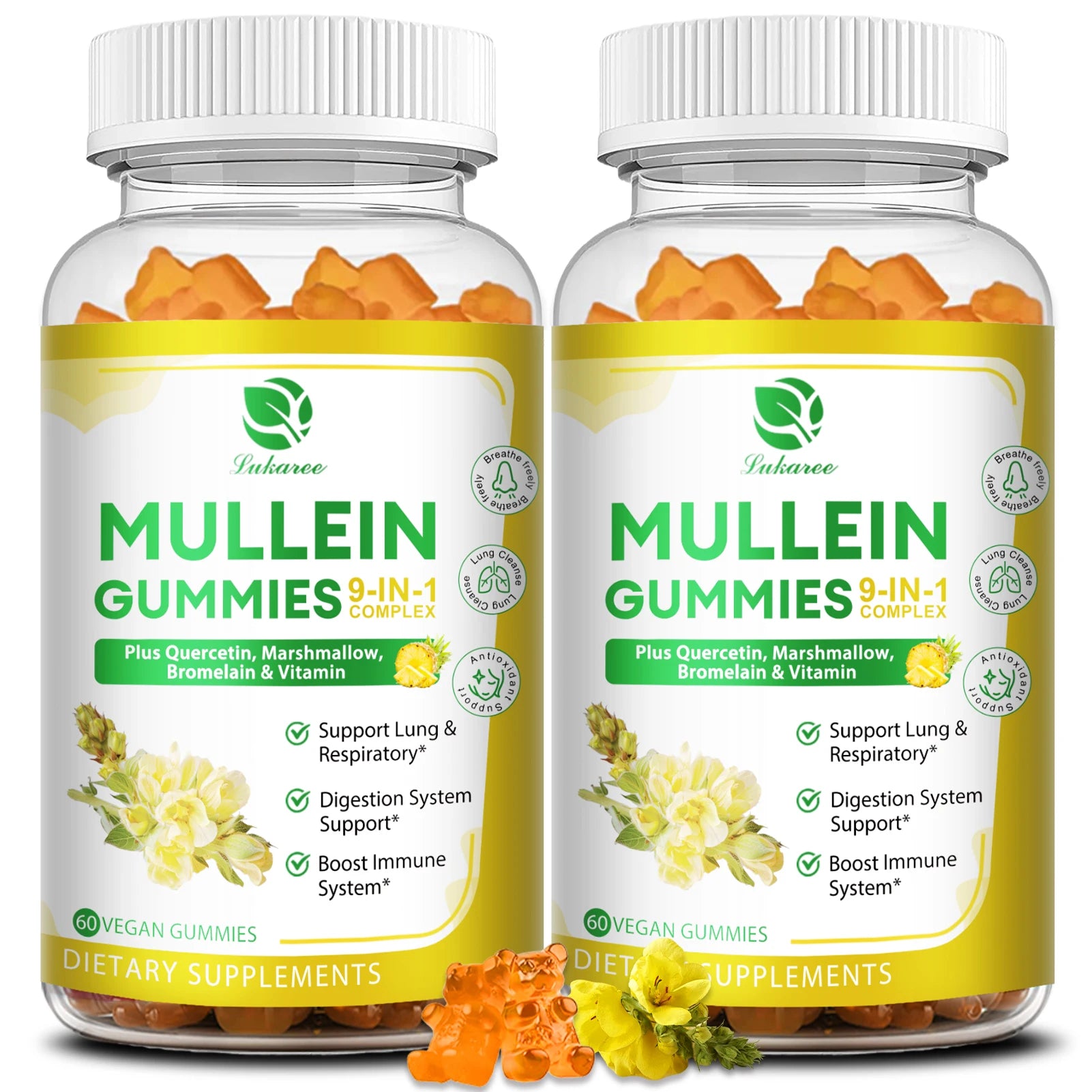 Lukaree 2Bottles 1000mg Mullein Gummies Lung Cleanse Support Respiratory Health Support Immune Health and Antioxidant Oasis Select 2pcs United States