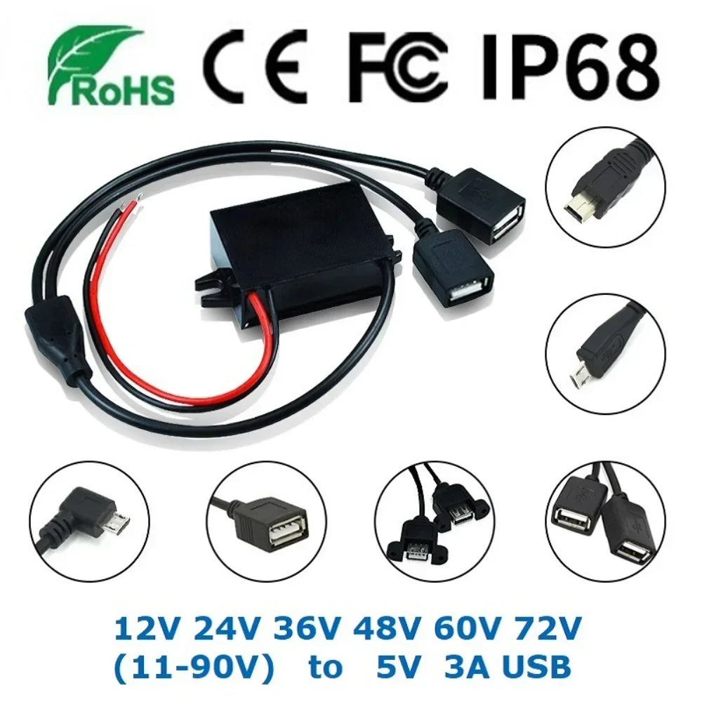 12V 24V 36V 48V 60V 72V Buck to 5V 3A USB Step Down Power Converter Car Auto Phone Motorcycle Charger Adapter 11V-90V Oasis Select