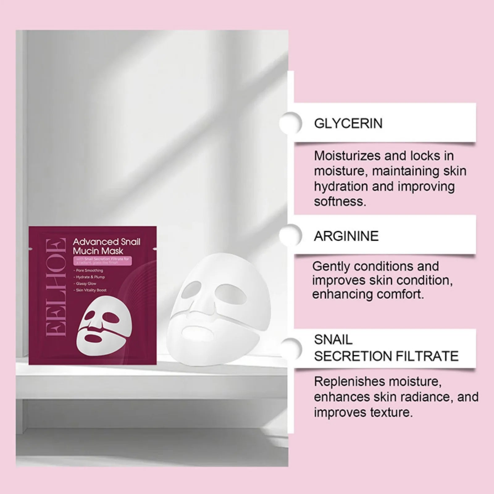 Snail Mucin Face Mask Hydrating Plump Glow Pore Smoothing Sheet Mask Snail Secretion Filtrate Glass Skin Brightens Complexion Oasis Select