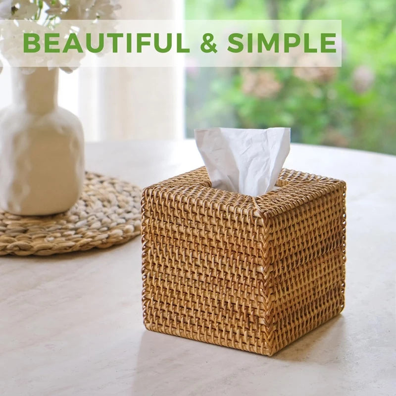 WISH Rattan Tissue Box Cover, Hand Woven Square Wicker Holder For Facial Tissues, For Bathroom Living Room, Tissue Holders Oasis Select