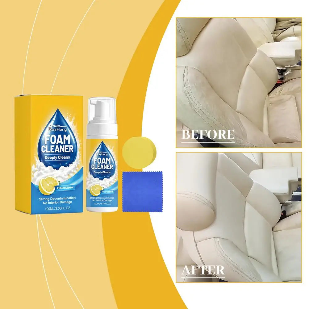 Car Interior Foam Cleaner Set – Lemon Scent, Sponge & Towel