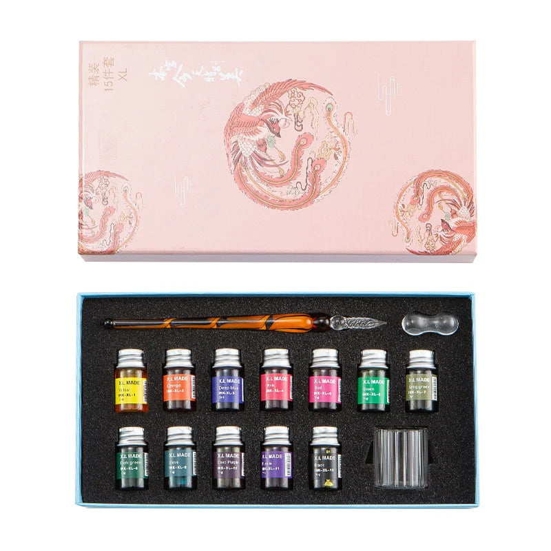 Fantasy glass pen dipped in water, antique style colored ink, crystal signature pen, gift pen dipped in ink set Oasis Select
