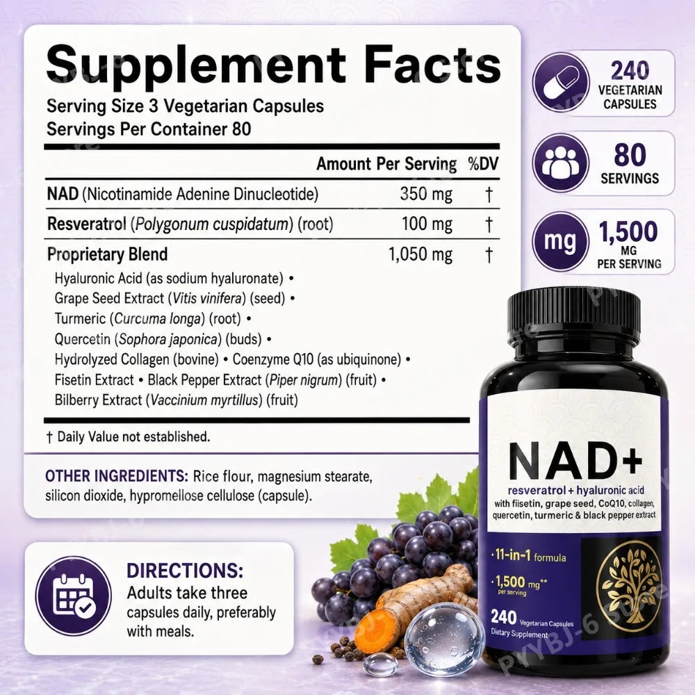 NAD+ Resveratrol Hyaluronic Acid 11-in-1 Supplement 240 Caps