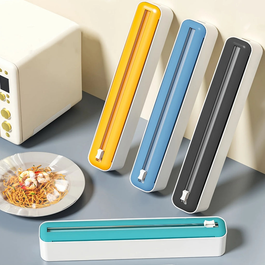 2-in-1 Plastic Wrap & Foil Dispenser with Slide Cutter - Durable Kitchen Organizer with Suction Cup Base for Home Use Oasis Select