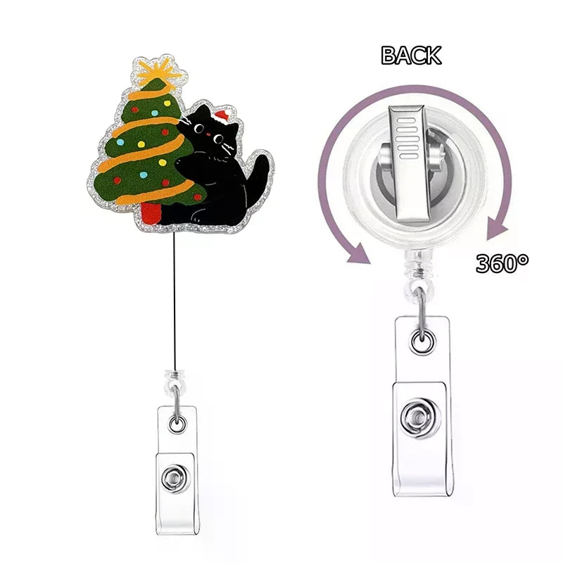 Christmas Cat Badge Reel Retractable Cute Xmas Badge Clip With Christmas Tree Black Cat Designs Acrylic Christmas ID Name Holder Oasis Select