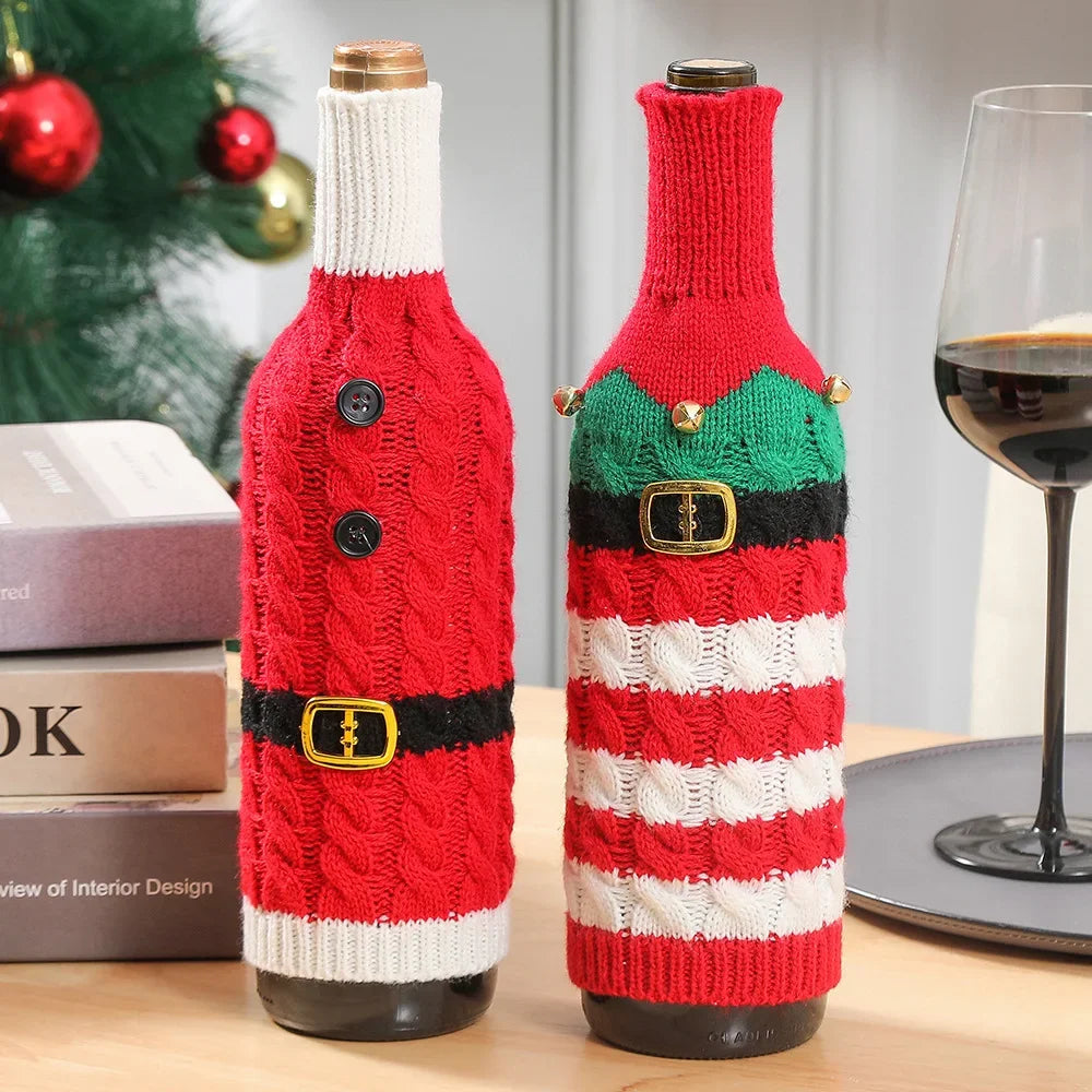 New Christmas decorations Knitted striped creative wine bottle sleeve Kitchen restaurant wine bottle dress up gift bag Oasis Select