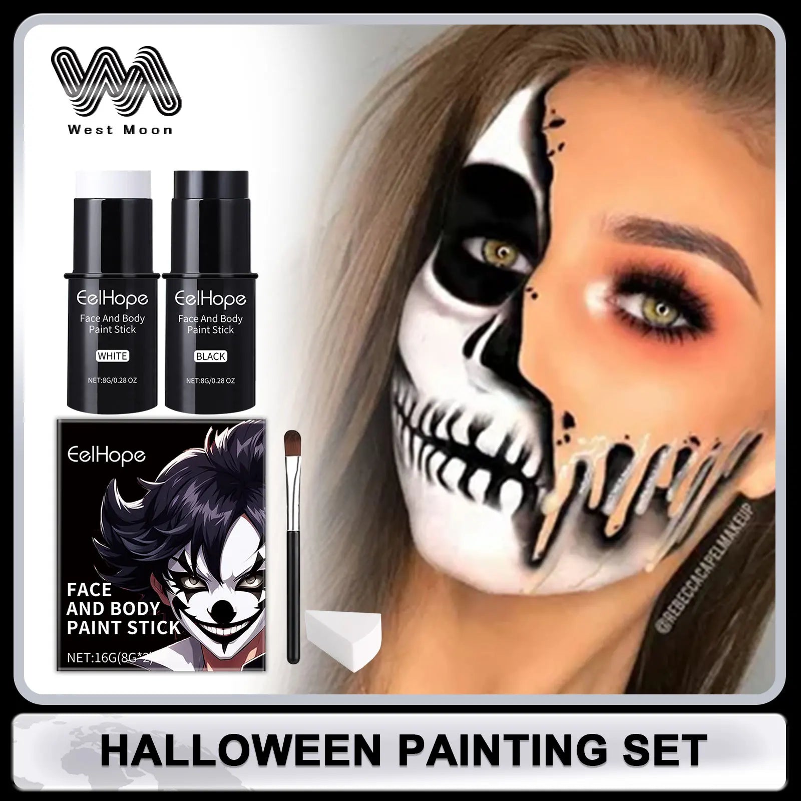 Halloween Black White Face Painting Kit Lasting Waterproof Color Smooth Draw Quick Dry DIY Body Art Painting Pigment Makeup Set Oasis Select