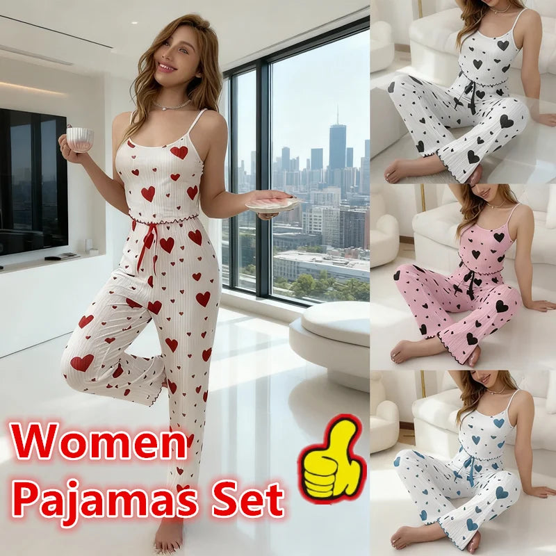 NEW Plus Size Women Pajamas Set 2 Piece Sleeveless Vest and Trousers White Soft Breathable Sleepwear Casual Red Heart Print Oasis Select