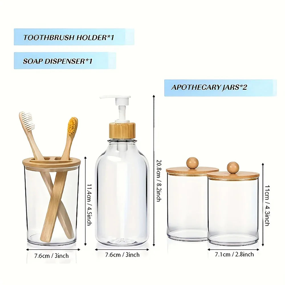 4pcs Bamboo Bathroom Accessories Set - Rustic Boho Decor, Soap Dispenser, Toothbrush Holder, 2 Cotton Swab Holder Jars Oasis Select