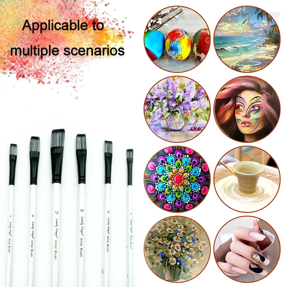 6pcs Flat Paint Brush Set for Acrylic Watercolor Gouache Oil and Body Painting Oasis Select