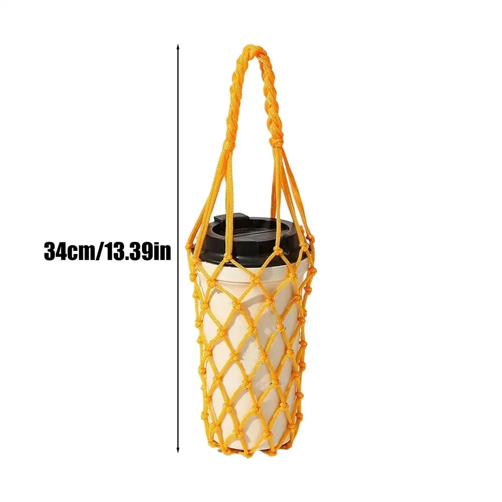 Water Bottle Bag Hand Woven Mesh Bag Reusable Hollow Out Water Cup Bag Handheld Kettle Bag for Camping Hiking Picnic Travel Oasis Select Orange