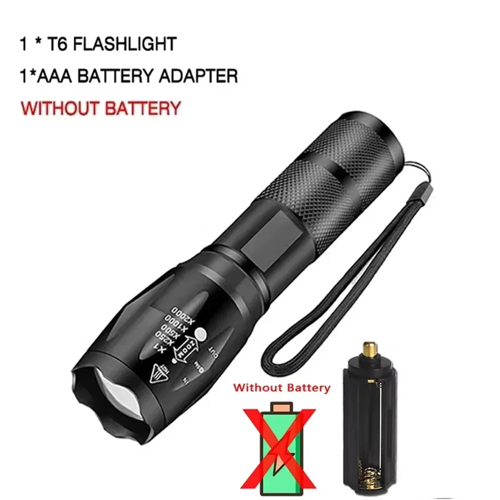High Power T6 LED Flashlights Camping Torch 5 Light Modes Zoom Light Aluminum Alloys Waterproof Material External 18650 Battery Oasis Select no battery