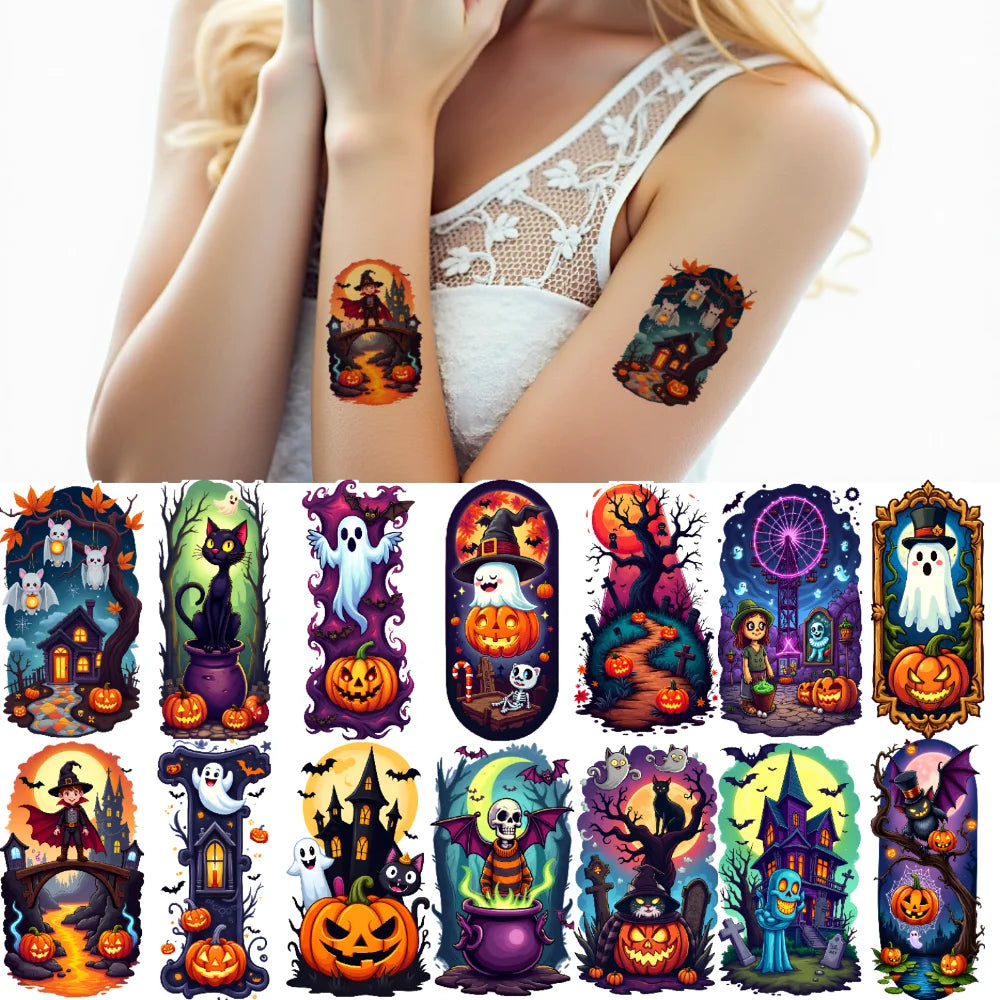 9-Pack Halloween Temporary Tattoos – Bats, Pumpkins & Ghosts