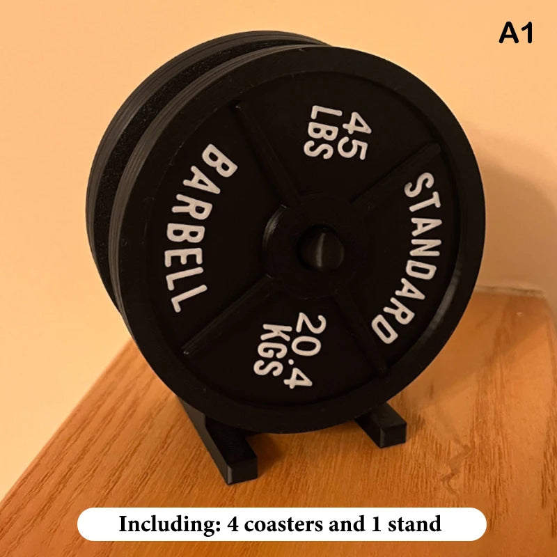 Weight Plate Coaster Set Holder Drink Coaster With Four Black Coasters For Hot Cold Drink For Bar Home Kitchens, Fitness Gyms Oasis Select A1