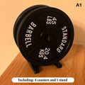 Weight Plate Coaster Set Holder Drink Coaster With Four Black Coasters For Hot Cold Drink For Bar Home Kitchens, Fitness Gyms Oasis Select A1